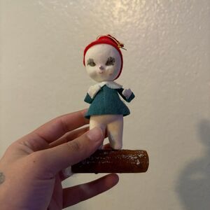 Vintage Christmas Flocked Felt Snowbaby On Log Japan Ornament